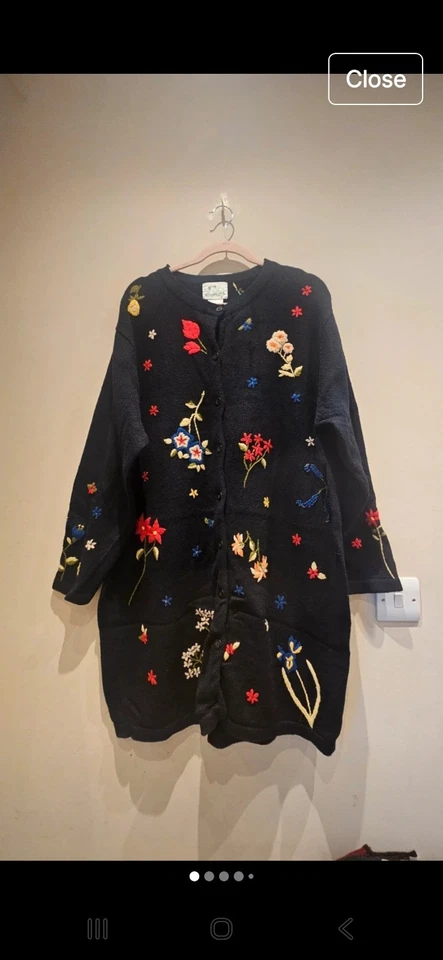 🌸Vintage Quacker Factory Floral Embroidered Longline Knit Cardigan Oversized 1X - Image 1 of 4