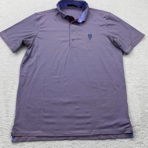 Greyson Mens Polo Shirt Medium Purple White Striped Crest Logo Golf - Picture 1 of 7