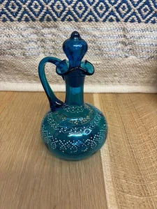 Vintage Teal Blue Hand Blown Hand Painted Glass Decanter with Stopper - Picture 1 of 6