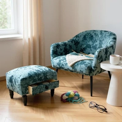 Luxury Blue Deluxe Velvet Ottoman Footstool with Shabby Chic Drawer for Bedroom - Image 1 of 4