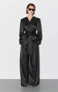 NWT COS Pleated Satin Wide Leg Trousers Size 10 Black Tailored - Picture 1 of 12