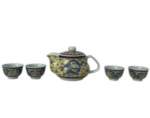 Vintage Yellow & Blue Porcelain Chinese Dragon Teapot With Matching Tea Cups Set - Picture 1 of 10