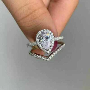 Set anello da sposa fidanzamento aureola moissanite taglio pera 2,40 ct placcato oro bianco 14 kt - Foto 1 di 9