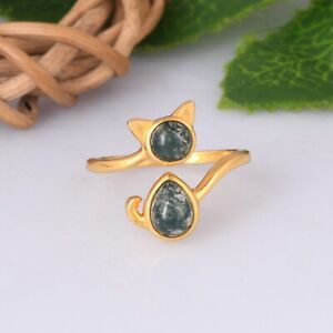 18k Yellow Gold Plated Cat Design Ring With Moss Agate Birthday Gift For Her