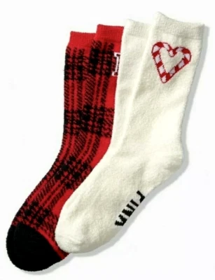 NIB VICTORIA'S SECRET PINK MARSHMALLOW CREW SOCKS 2 PAIRS WHITE & RED O/S - Image 1 of 4