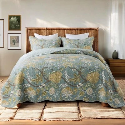 NUEVO Edredón y estuche falso reversible floral verde antracita Queen/King Boho ropa de cama Foto 1 de 4