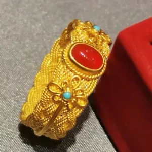 Retro Vintage Flower Band Gold Red Stone Womens Rings Jewelry Adjustable Size - Picture 1 of 18