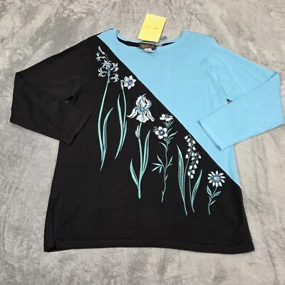 Bob Mackie Sweater Large Blue Black Embroidered Floral Boho Artsy Tunic NEW - Image 1 of 4