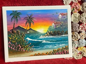 Handpainted Tile By G. Lopez Mexico Seascape w Palm Trees Flowers Village - Picture 1 of 5