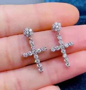 2Ct Round Lab Created Diamond Cross Drop/Dangle Earrings 14K White Gold Plated - Picture 1 of 5