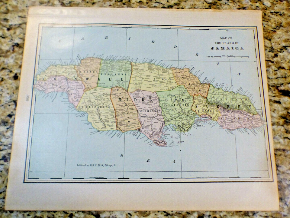 West Indies Antique Color Map 1903 Cram's 14½" x 22" Island of Jamaica, Cuba Map - Image 1 of 4