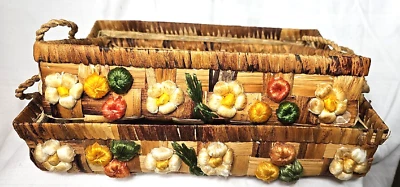 Pair Vintage Woven Floral  Serving Lined Basket Tray Kitchen. - Image 1 of 4