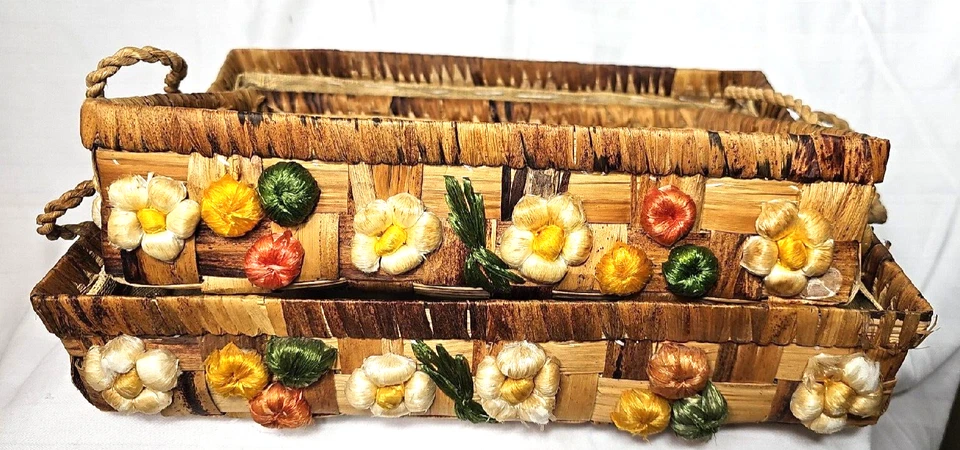 Pair Vintage Woven Floral  Serving Lined Basket Tray Kitchen. - Image 1 of 4