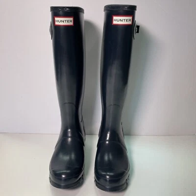 Mujer 6 Hunter Original Botas Azul Marino Lluvia Nieve Brillante Goma Galoshes Altos Foto 1 de 4