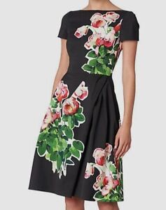 $2190 Carolina Herrera Women's Black Bateau Neck Floral Printed Dress Size 8