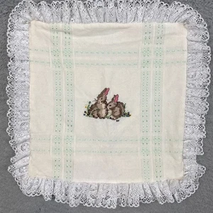 Handmade Pillow Cover Counted Cross Stitch Bunnies Lace Trim Cottage Shabby Chic - Picture 1 of 6