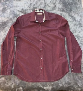 BURBERRY BRIT BURGUNDY SHIRT NOVA CHECK CUFF AND COLLAR COTTON MENS USED SIZE M - Picture 1 of 9