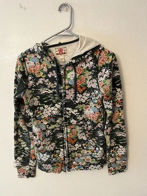 Vintage Y2K Hoodie Lucky Brand Womens S Boho Asian Art Full Zip Floral - Image 1 of 4