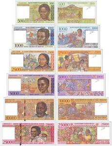 Madagascar 500-25000 Francos Juego Completo 6 Piezas, 1994, P-75-82, UNC - Imagen 1 de 7