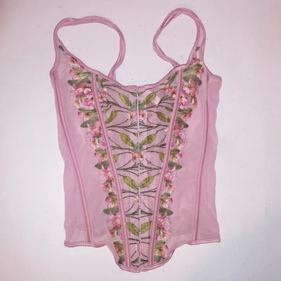 Victoria Secret Lingerie Corset Buster Fairy Pink Floral Sheer Boned Lace Up Bac - Image 1 of 4