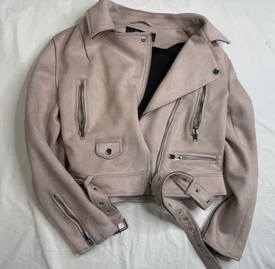Zara Velour Biker Jacket With Zipped Pockets Blush Color Large A050625 - Image 1 of 4