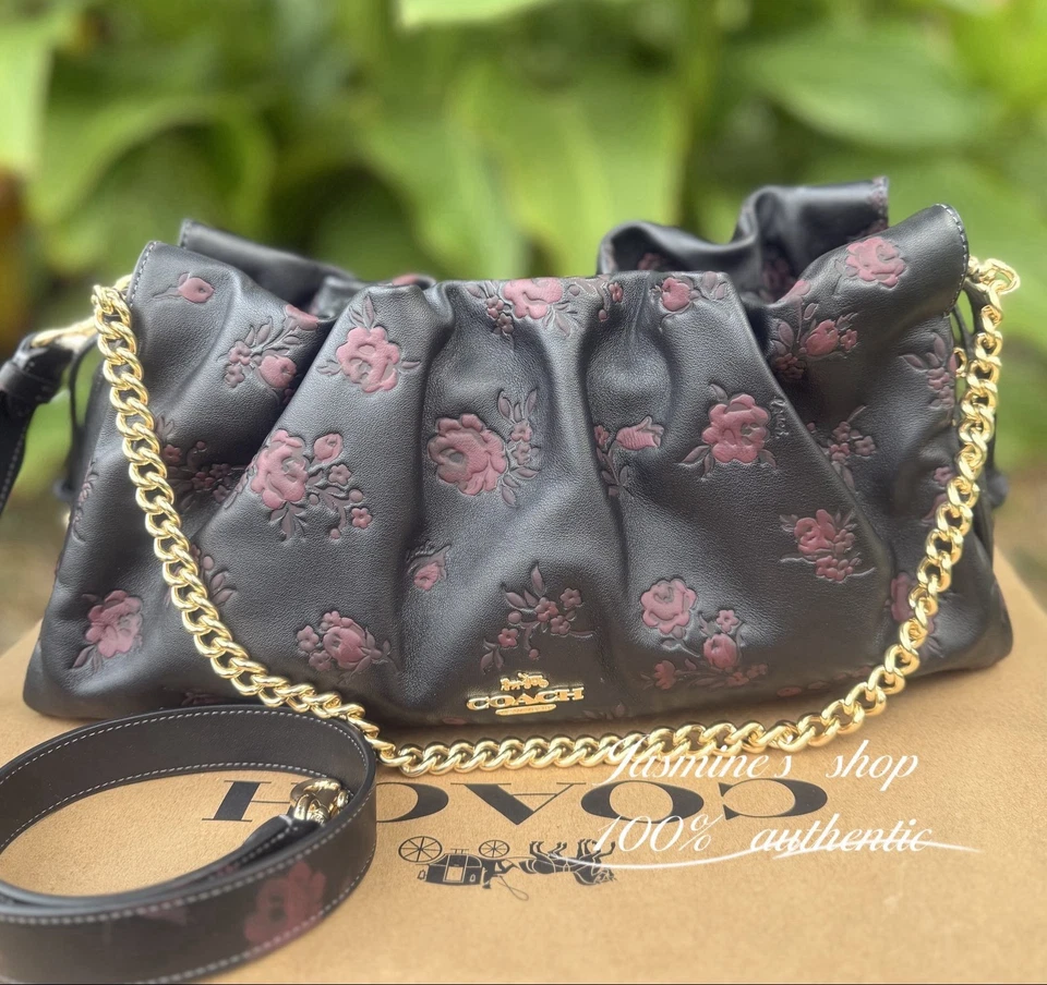 Coach Faye Large Shoulder Bag With Floral Print In Leather CCE25 Black/Wine