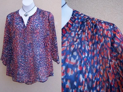 Liz Claiborne Rojo Blanco Azul Top Camisa Talla Grande 3x Cuello en V Transparente Gasa Blusa  Foto 1 de 4