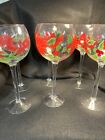 Long Stem Hand Painted Wine Glasses Floral Poinsettia Lot Of 6 Red Green