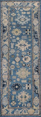 Blue Vegetable Dye Oushak Turkish Handmade Wool Runner Rug for Hallway 3x10 ft - Image 1 of 4