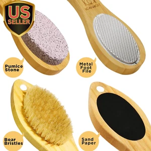 Natural Bamboo Foot File Callus Remover-Multi Purpose 4 in 1 Feet Pedicure Ki... - Picture 1 of 9