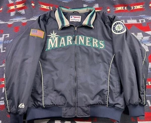 Vtg Majestic MLB Mens 2XL Jacket Seattle Mariners 9/11 Flag Patch 2001 Dugout - Picture 1 of 17