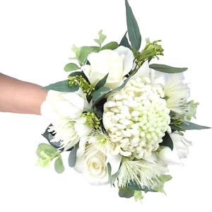 Wedding Bouquet - Artificial White Native Flowers Waratah & Roses - Silk Flowers - Picture 1 of 4