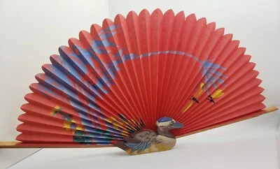 古董中国纸扇手绘木鸭 26 英寸宽 2 件套东方 — 第 1/4 张图片