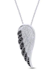 1/4ct White & Black Real Diamond Angel Wing Pendant 18" Necklace Sterling Silver - Picture 1 of 36