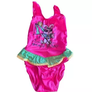 Vibrant Pink Girls' Swimsuit with Cartoon Print and Mint Green Trim A-765 - Picture 1 of 2