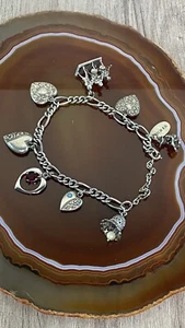 Bracciale Charm Cuore Puffy Argento Sterling 1976 8 Charms 18g 9” Inciso Vintage - Foto 1 di 22