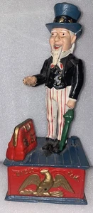 ANTIQUE UNCLE SAM CAST IRON MECHANICAL COIN BANK The Book Of Knowledge - Picture 1 of 7