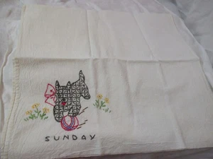 Vintage cotton Kitchen Towel Hand Embroidered Scottie Sunday - Picture 1 of 3