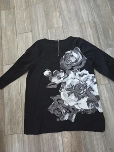 Chicos Women’s Size 3 Black Intarsia Floral Knit Tunic Top Cotton Blend NWT. - Picture 1 of 8