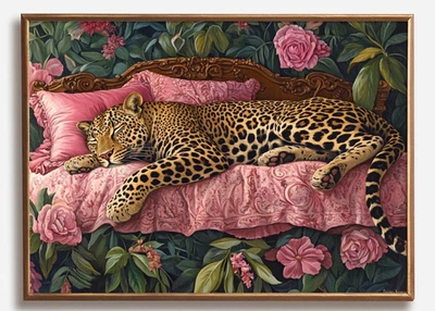 Pôster Leopardo Adormecido | Arte de parede animal vintage | Decoração de dormitório maximalista - Imagem 1 de 4