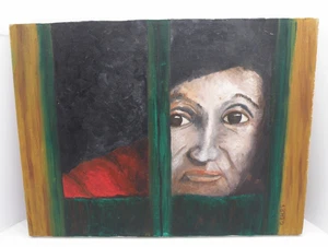 Vintage 1985 Original Painting Signed C.D.H.85 Canvas Folk Art Window Portrait - Picture 1 of 14