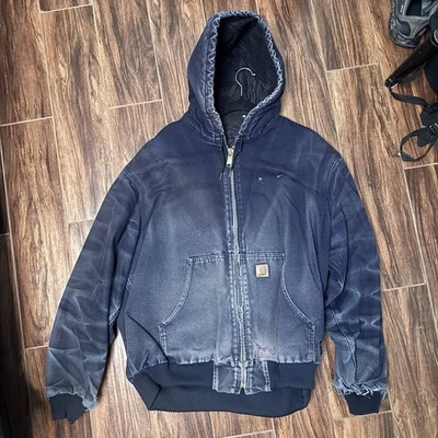 Vintage 90s Carhartt Canvas Jacket XL Blue Distressed Size XL Hooded Zip Thermal - Image 1 of 4