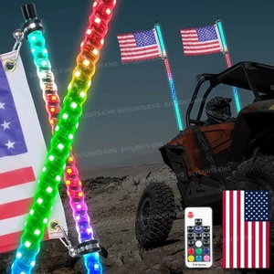 2X 3FT Lighted Spiral LED Whip Antenna w/Flag & Remote For ATV Polaris RZR UTV - Picture 1 of 12