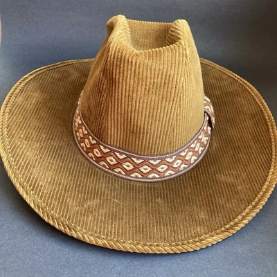 Vintage Camel Brown Corduroy Western Cowboy Hat w Patterned Hat Band - Image 1 of 4
