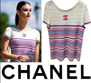 Chanel 2019 La Pausa White Red Sweater Top jacket Shirt 36 38 40 4 6 8 Logo S M - Picture 1 of 19