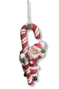 Santa Holding Candy Cane Glass Ornament 6.75" Red & White Christmas Decoration - Picture 1 of 3