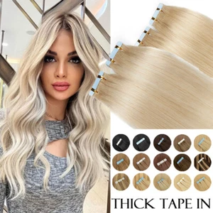 Thick BLONDE Tape in Russian Real Remy Human Hair Extensions Invisible Skin Weft - Picture 1 of 66