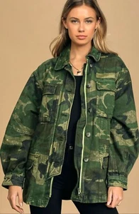 FREE PEOPLE Seize The Day Green CAMOUFLAGE Print Utility ARMY Jacket L $168 NWT - Picture 1 of 12