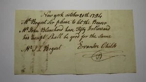 1794 $50 Promissory Note Payable in New York Colonial Currency Note James Bogart - Picture 1 of 2
