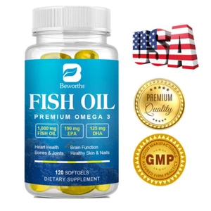 Omega 3 Fish Oil Capsules 3xStrength 1000mg EPA&DHA, Highest Potency 120Caps - Picture 1 of 8